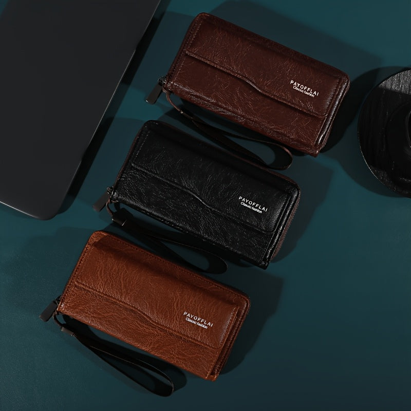 Cartera vintage marrón retro para hombres y mujeres con cierre de cremallera, ranuras para tarjetas, compartimento oculto y bolsillo para fotos