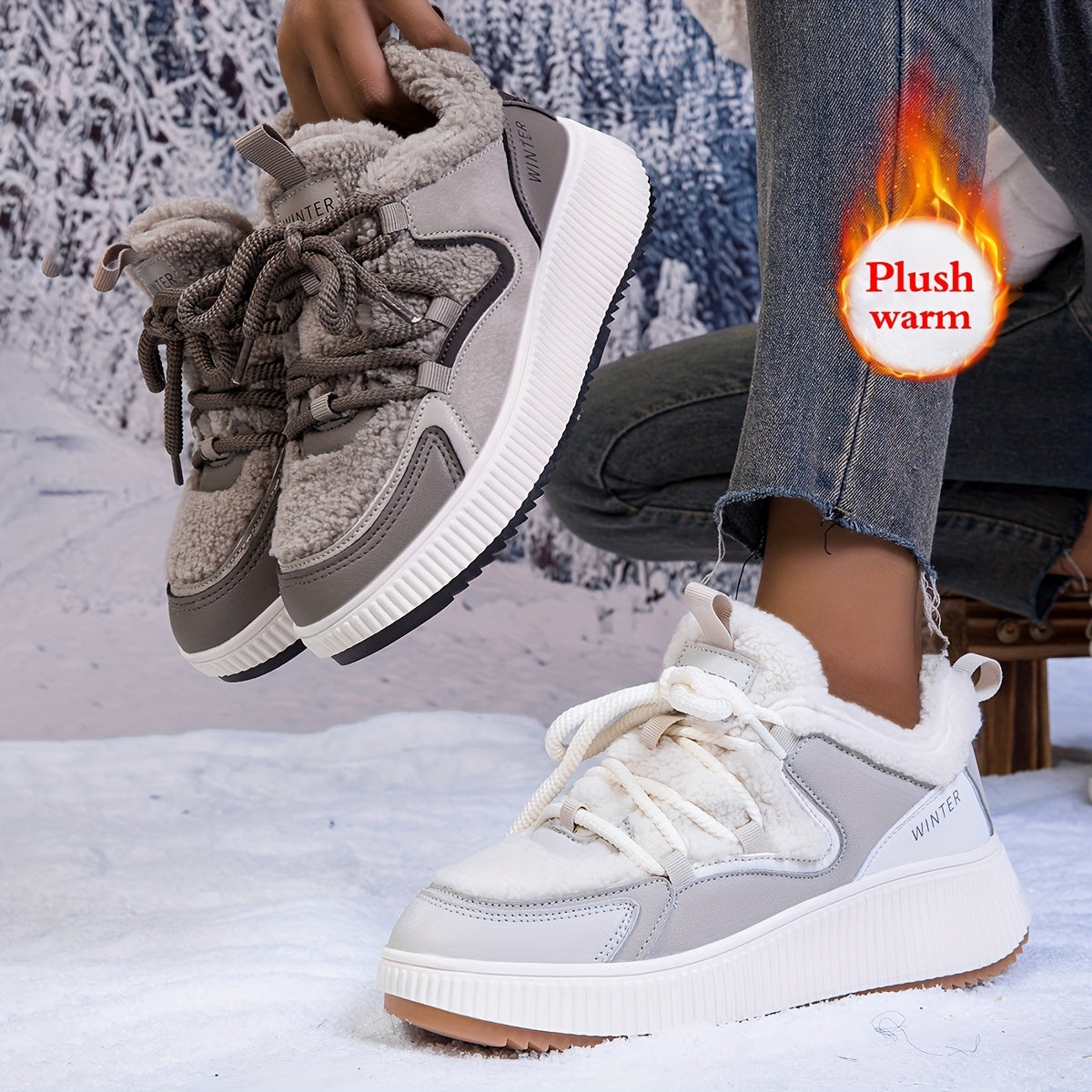 Women's Winter Sports Shoes Fleece-Lined Thick-Soled Sneakers