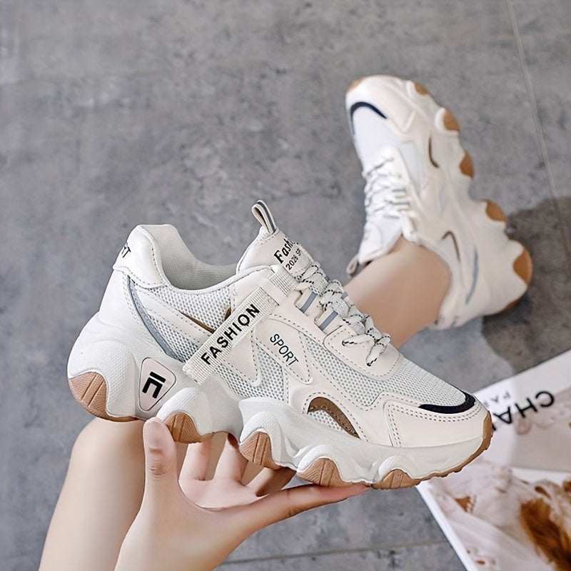 Women's Breathable Mesh Athletic Sneakers White Purple Low Top Lace-Up Thick Sole Sporty Design