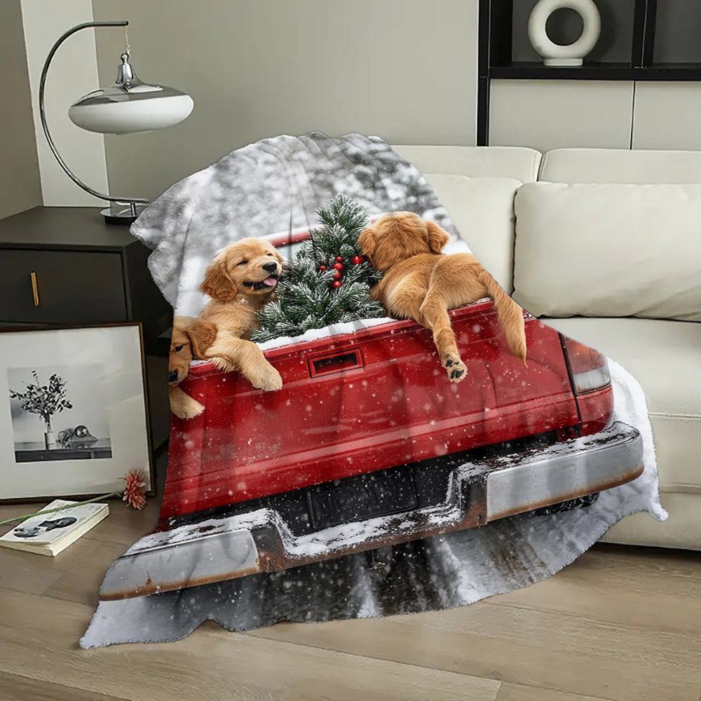 Flannel Fleece Throw Blanket with Cartoon Golden Retrievers and Red Truck Winter Theme Hypoallergenic Quilted Gift