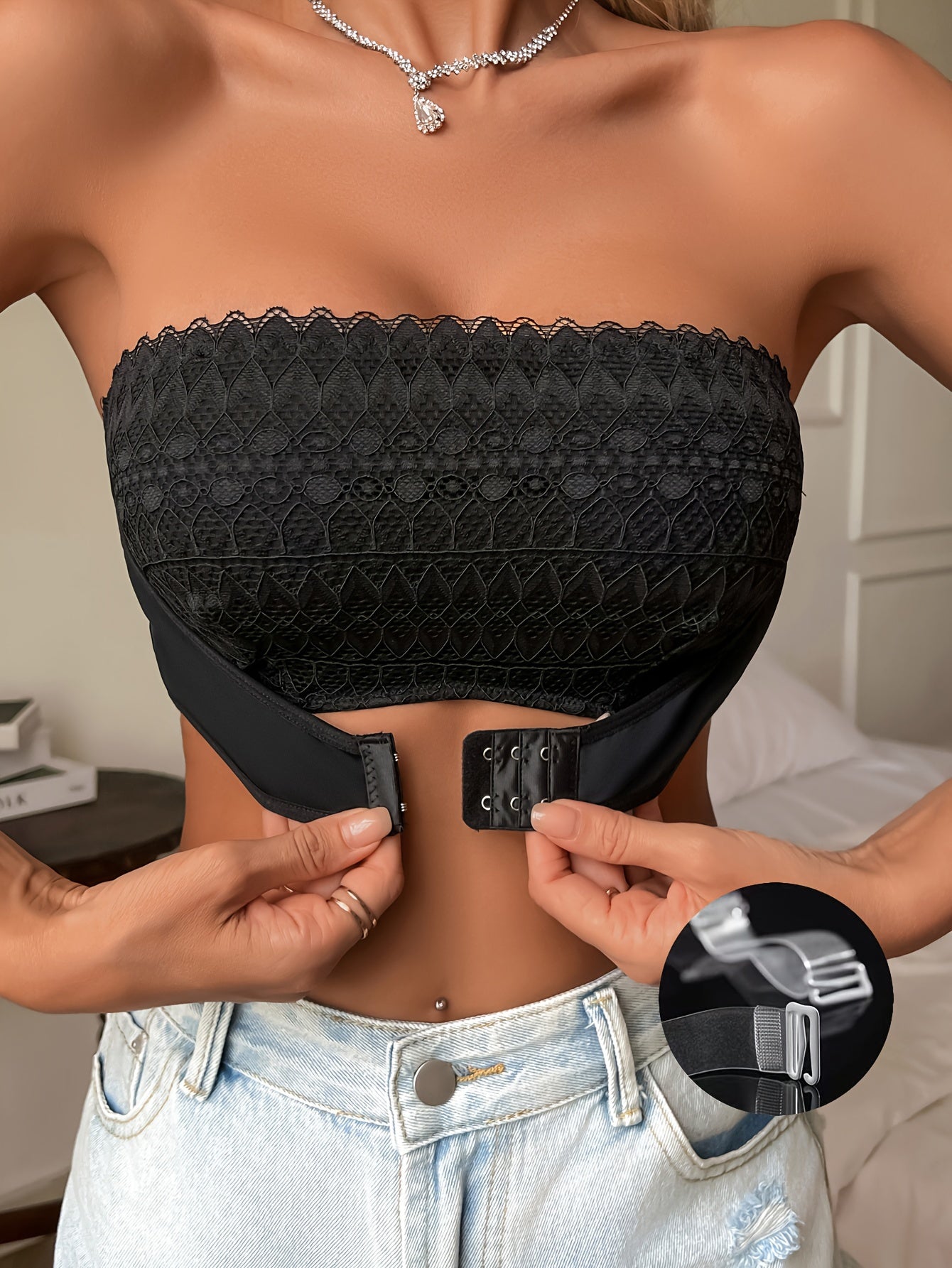 Sujetador bandeau de encaje sin cables con cierre frontal y push-up para mujeres