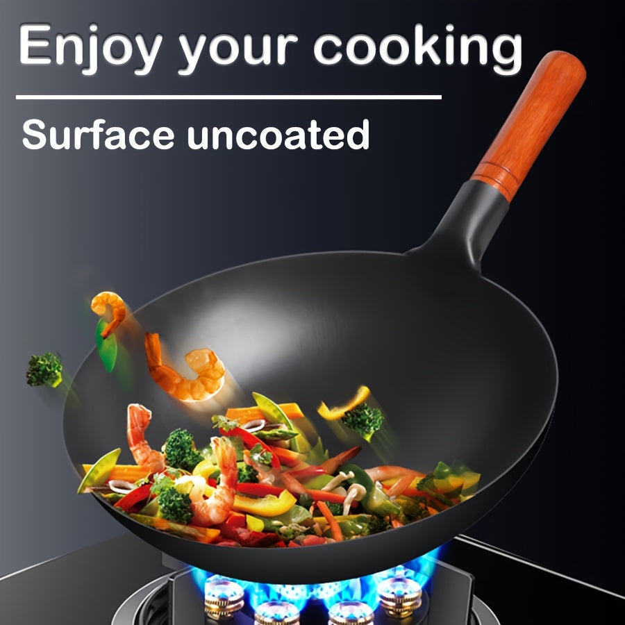 Traditional Chinese Cast Iron Wok with Wooden Handle Non-Stick Surface for Gas Stoves