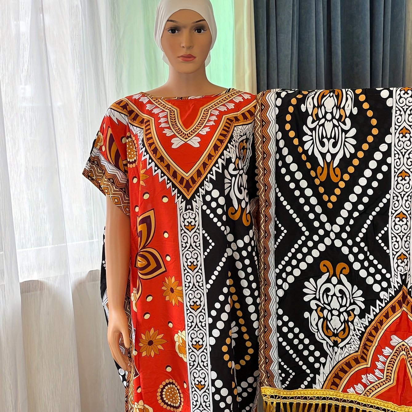 Plus Size Womens Red Black Geometric Kaftan Summer Dress Casual Tassel