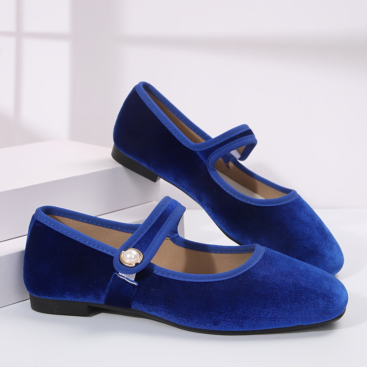 Women's Square Toe Ballet Flats with Adjustable Buckle Royal Blue Corduroy