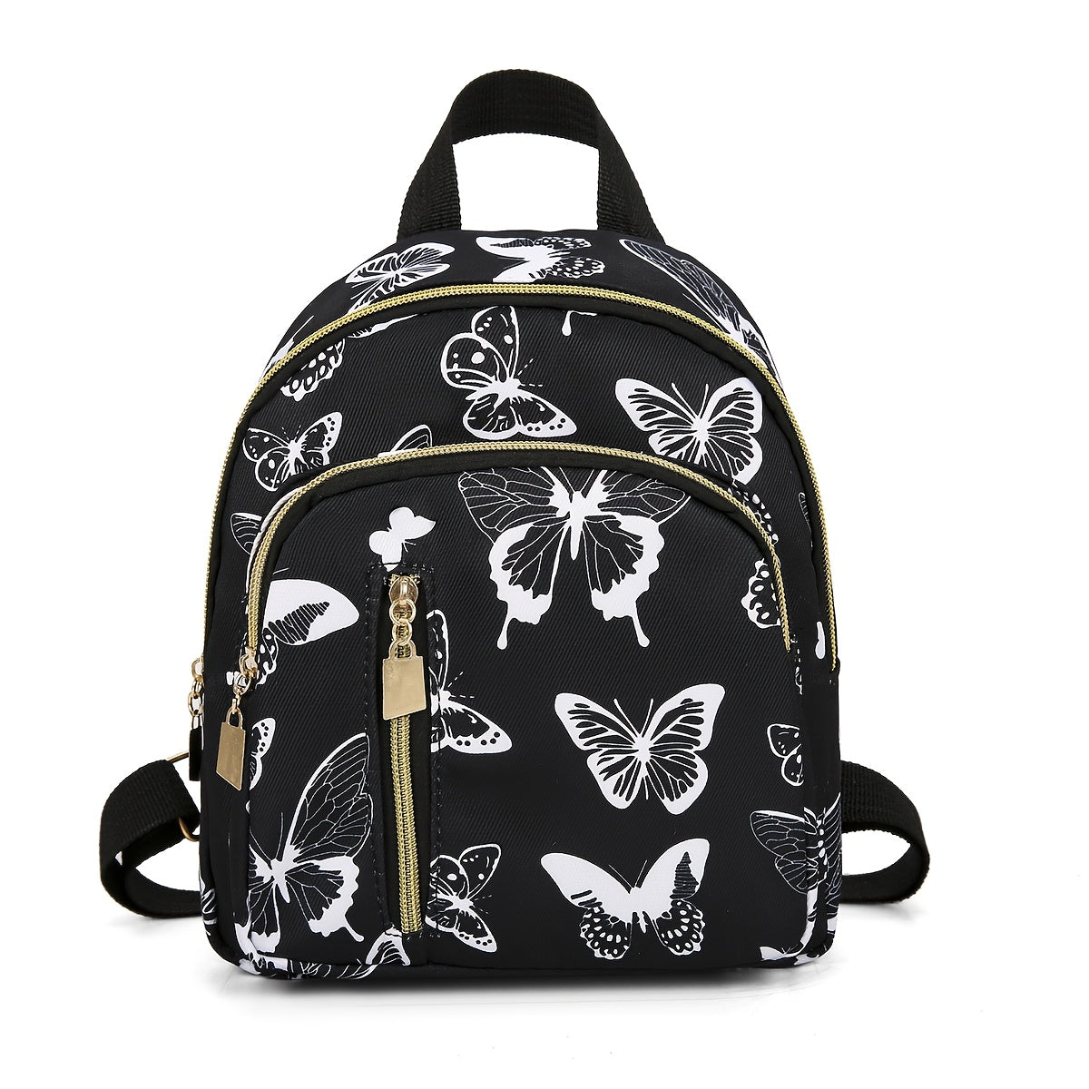 Women's Black Mini Backpack with Butterfly Print Nylon Casual Daypack