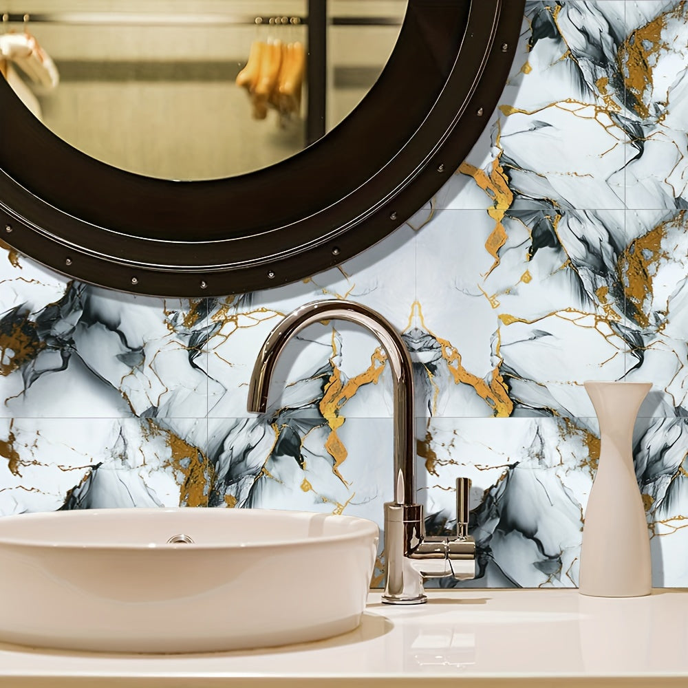 Self-Adhesive Marble Effect Wall Tile Stickers Waterproof PVC for Kitchen Bathroom Gray Gold Set