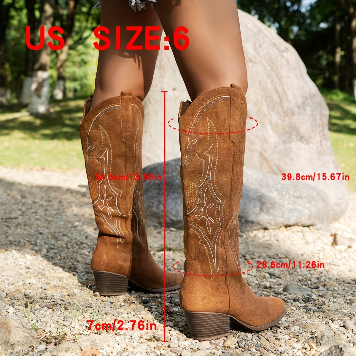 Women's Western Embroidered Cowboy Boots Slip-On Chunky Heels Pointed Toe