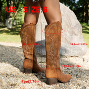 Women's Western Embroidered Cowboy Boots Slip-On Chunky Heels Pointed Toe