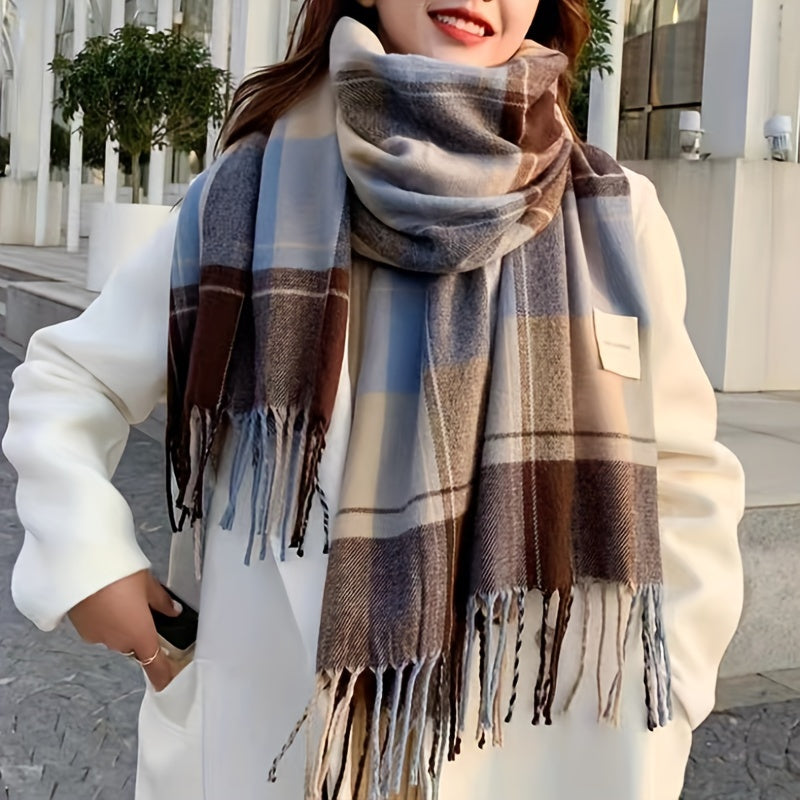 Men's Warm Fringe Hem Plaid Scarf for Winter Cold Weather Accessories