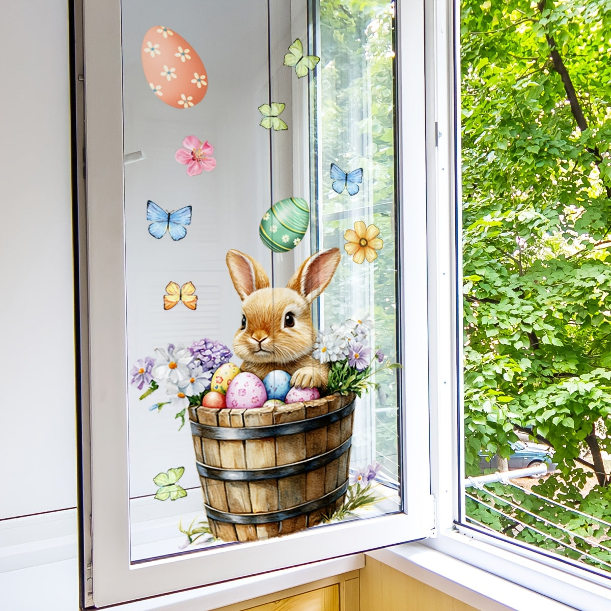Easter Bunny Wall Decal 30x30cm Colorful Eggs Flowers Butterflies PVC Sticker