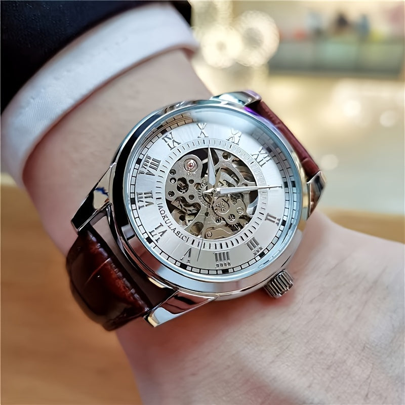 Men's Automatic Mechanical Watch Skeleton Design Brown Faux Leather Strap Casual Business Gift