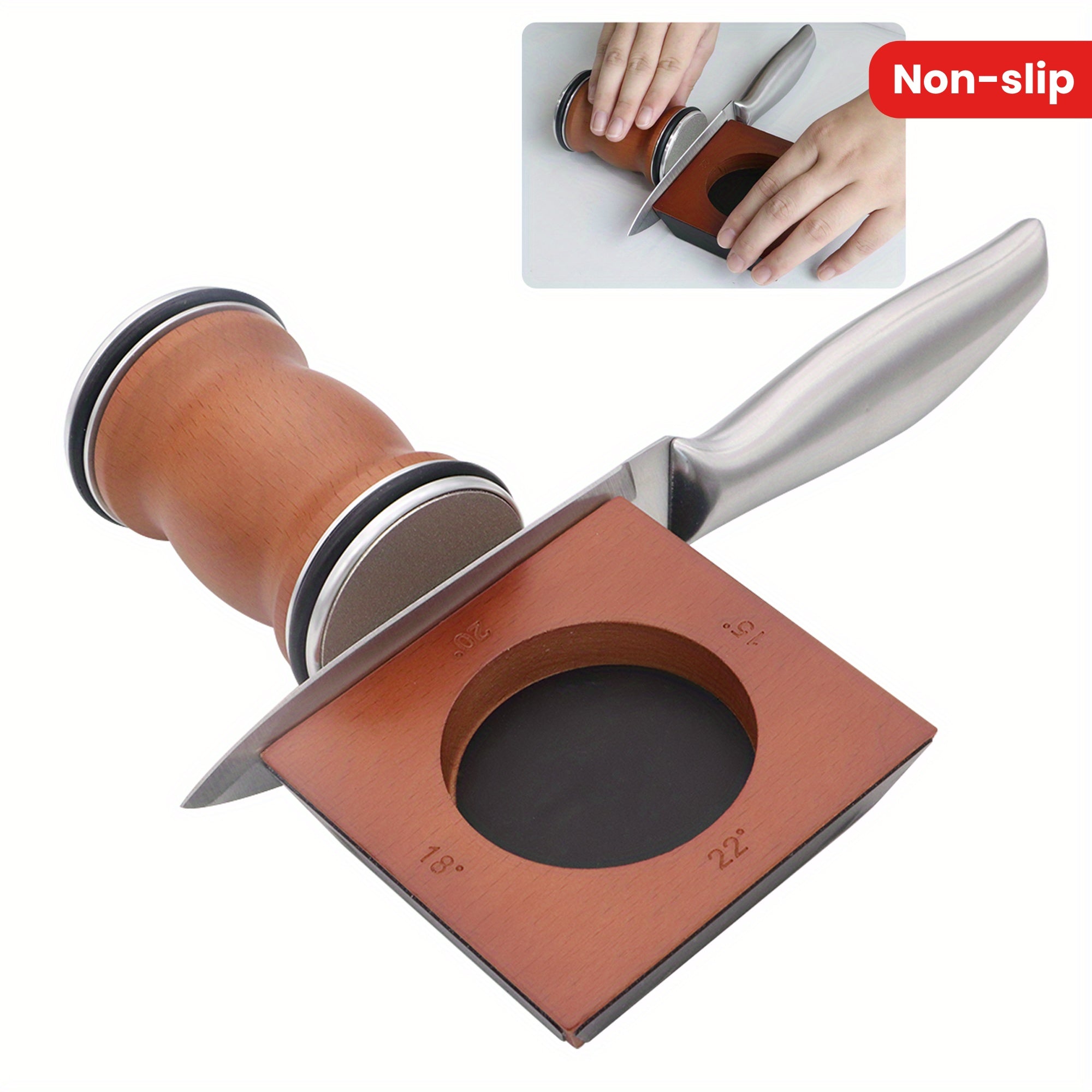 Wooden Knife Sharpener with Angle Guide Stainless Steel Honing Tool Non-Slip Base