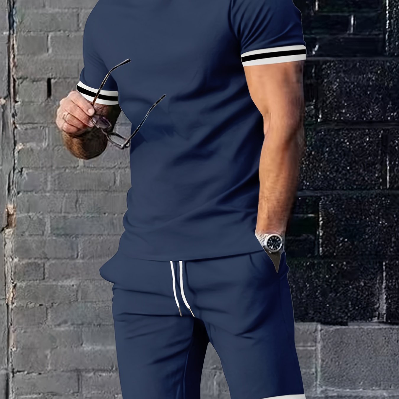 Men's Summer Sports Suit Short Sleeve Polyester Solid Color Casual Athletic Set