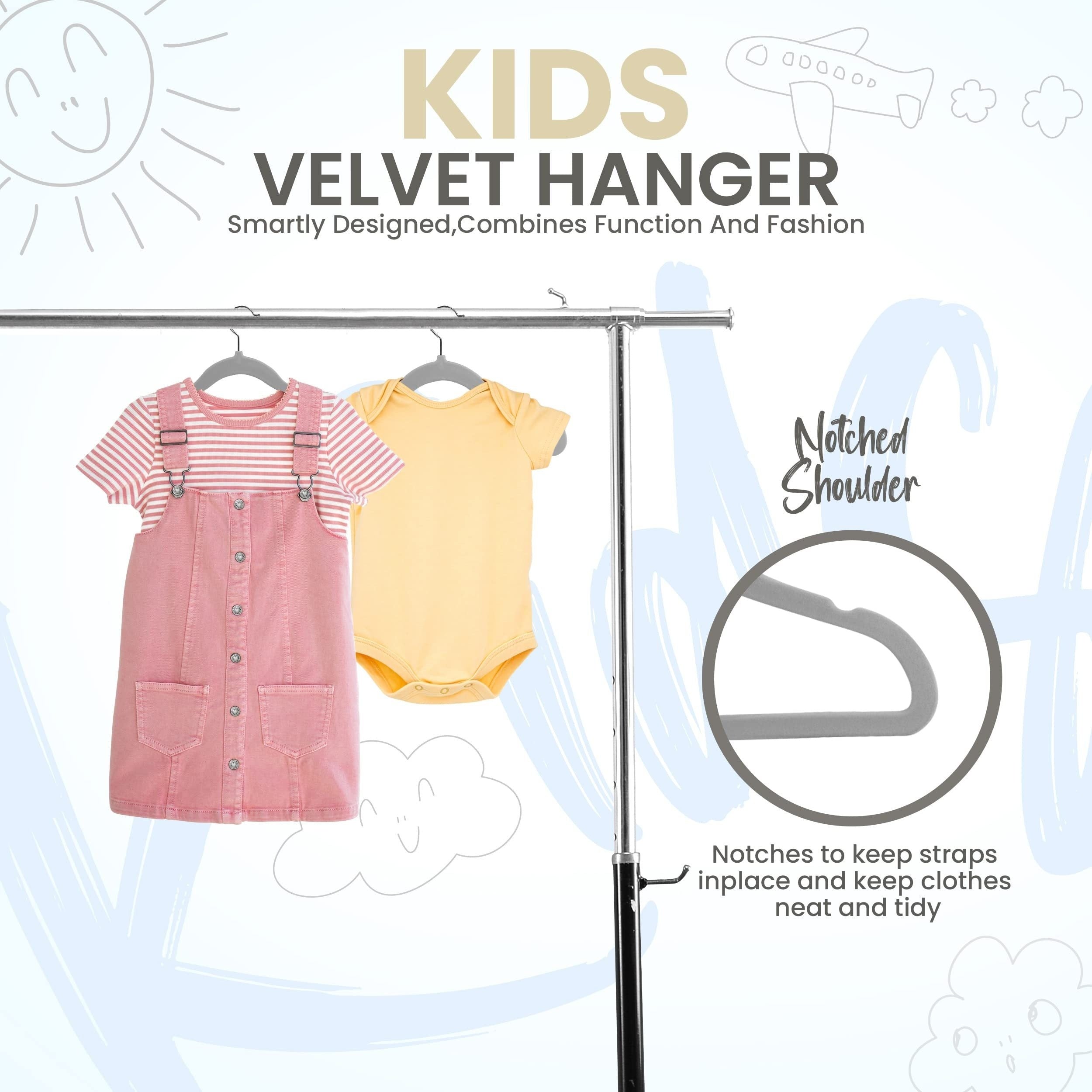 Children's Velvet Hangers Set with Non-Slip Felt and Black Hooks, Space-Saving Flocking Hangers