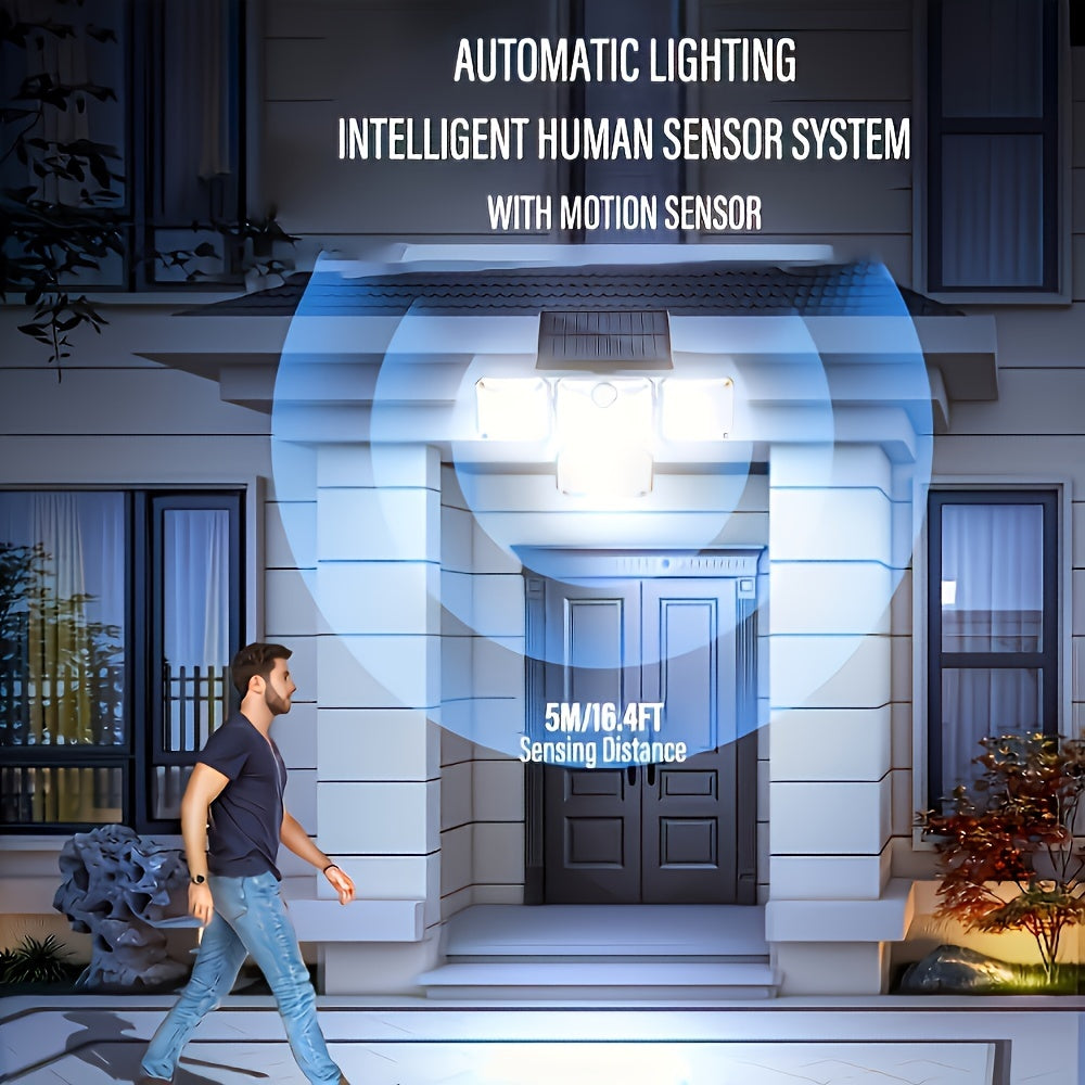 Solar-Powered Outdoor Light with 333 LEDs Motion Sensor Remote Control 4-Head Patio Yard Garage Porch