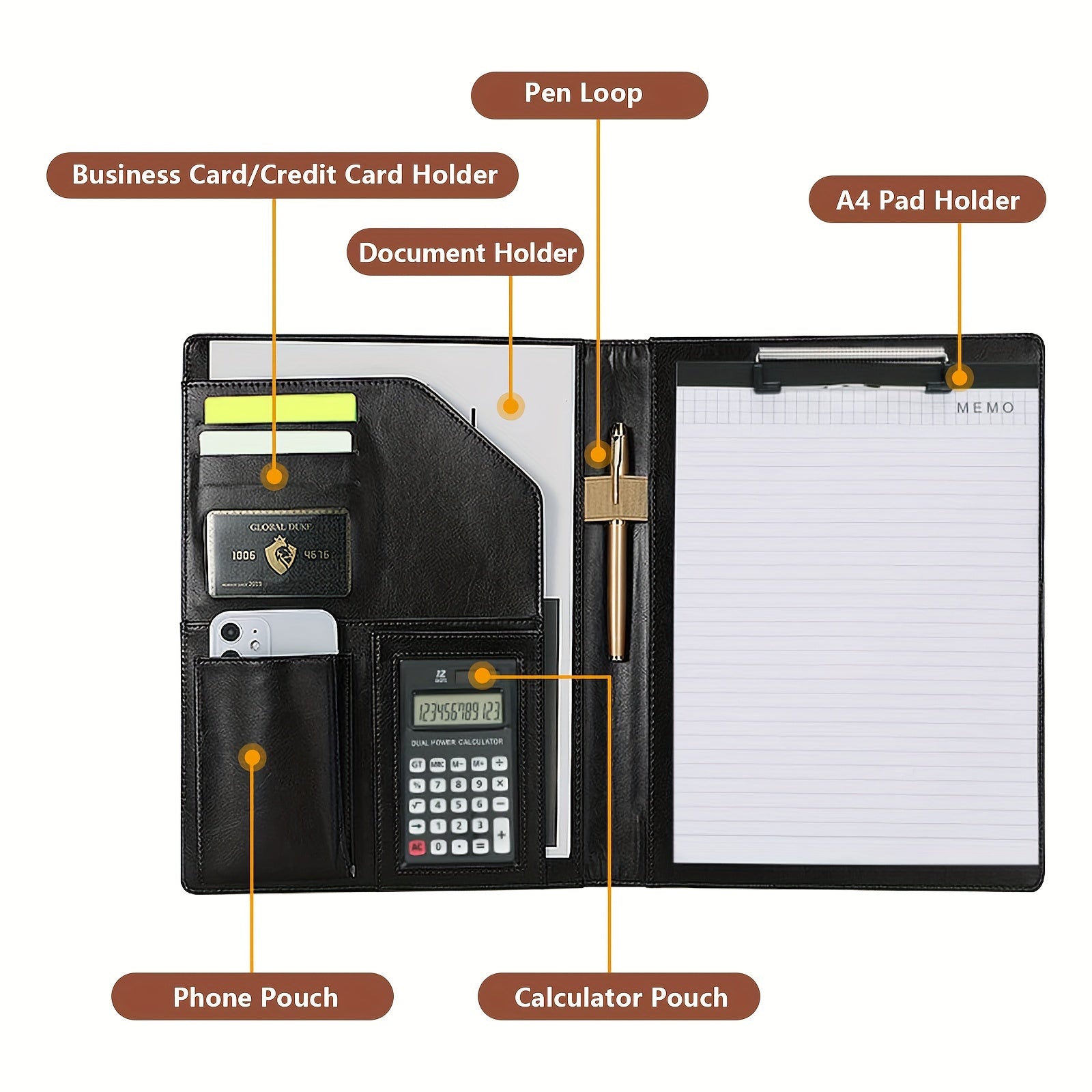 Leather Portfolio Folder with Legal Pad Clipboard Pen Holder Business Card Slots