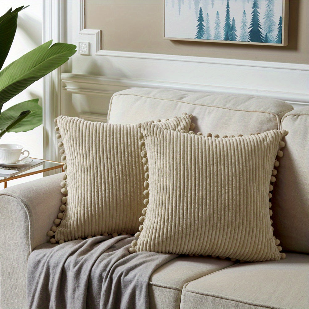 Набор из 2-х бохо наволочек для подушек с помпонами и акцентом из вельвета. Сплошные квадратные подушки для различных пространств. (18x18 дюймов/45x45 см). ВКЛЮЧЕНИЯ НЕ ВХОДЯТ.