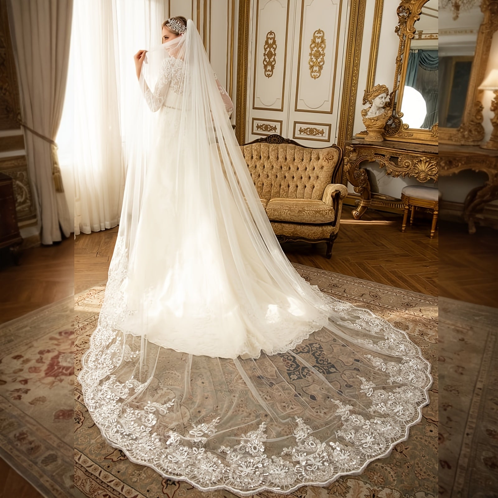 Velo de novia de encaje con lentejuelas y longitud de catedral, accesorio de boda de hilo de nylon