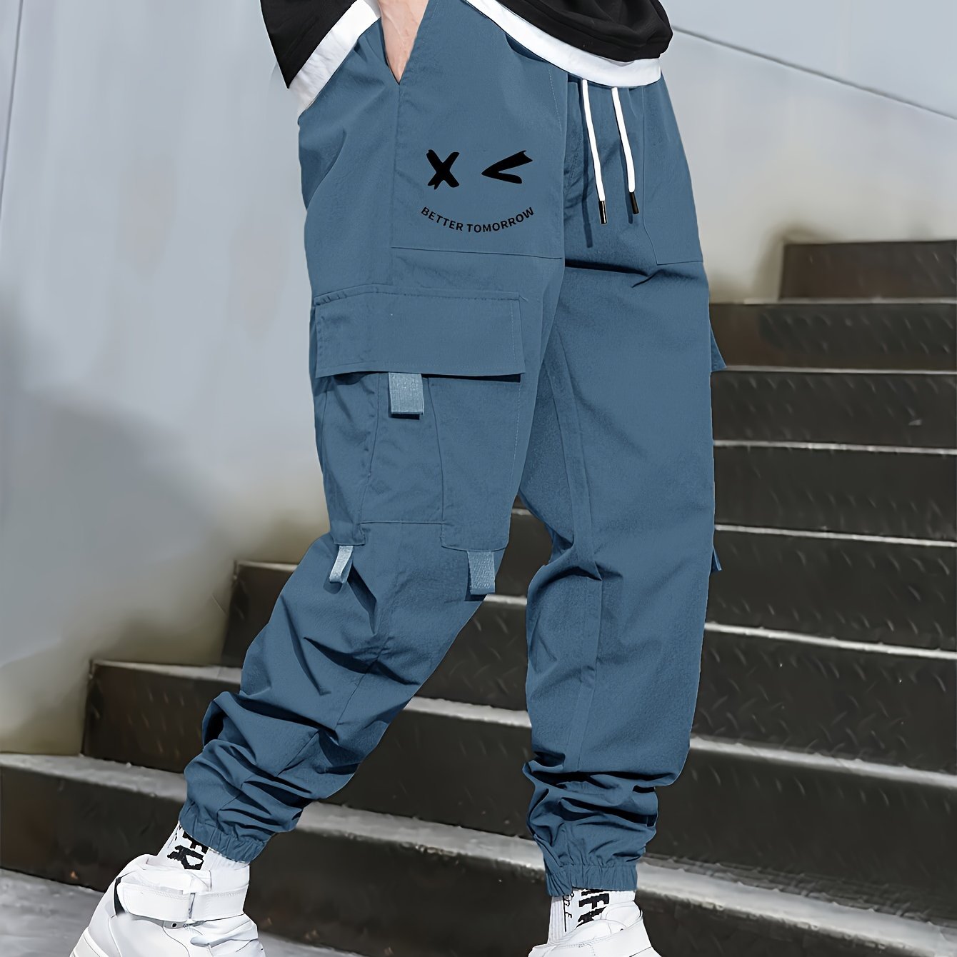 Men's Cargo Pants with Multiple Pockets Polyester Loose Fit Drawstring Waist Casual Outdoor Streetwear