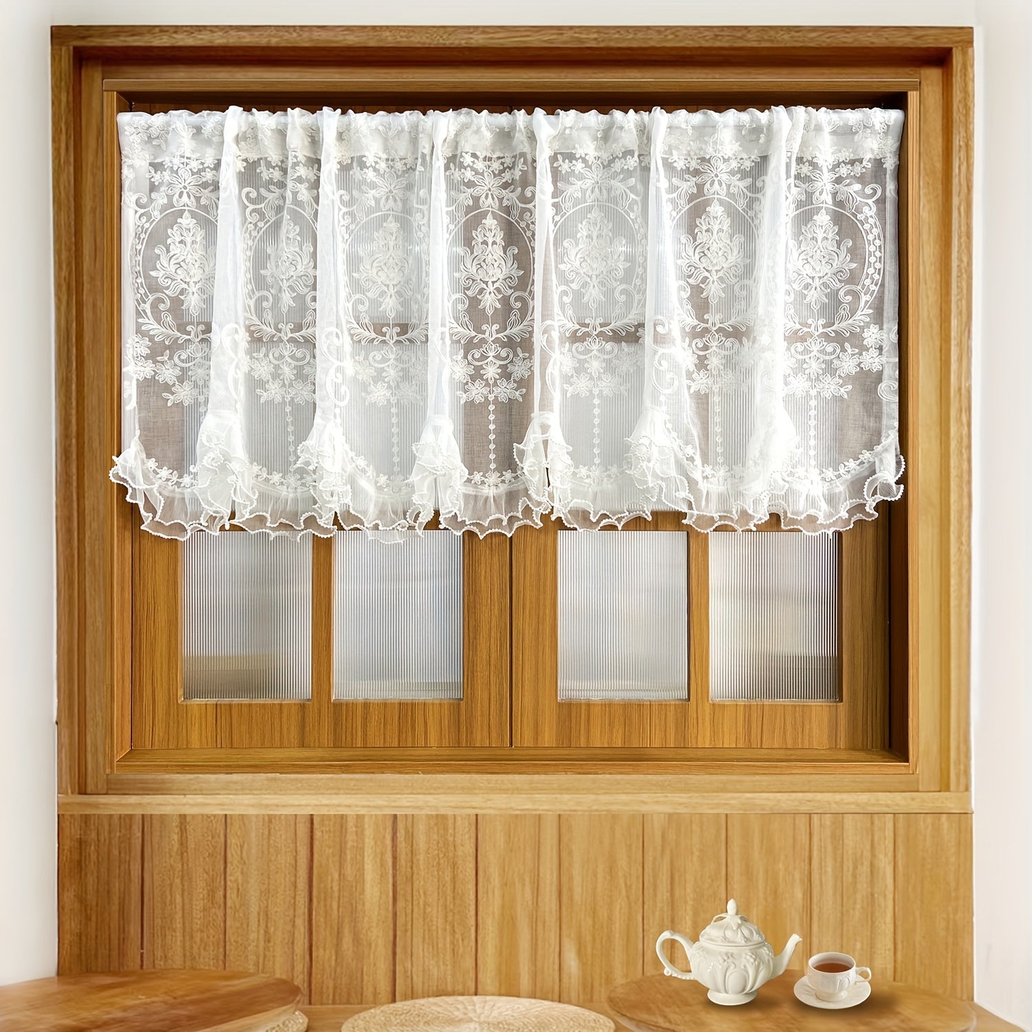 Fransuz Ikki Marjonli Pastki Qiyshiq Dantel Qisqa Pardalar Valansi, Oshxona Kichik Derazasi uchun Tül bilan Qaytargan. Qahva Pardasi Dizayni bilan Rod Pocket Yuqori Eshik Pardasi, Yashash Xonasi, Ofis yoki Uy Dekor uchun.