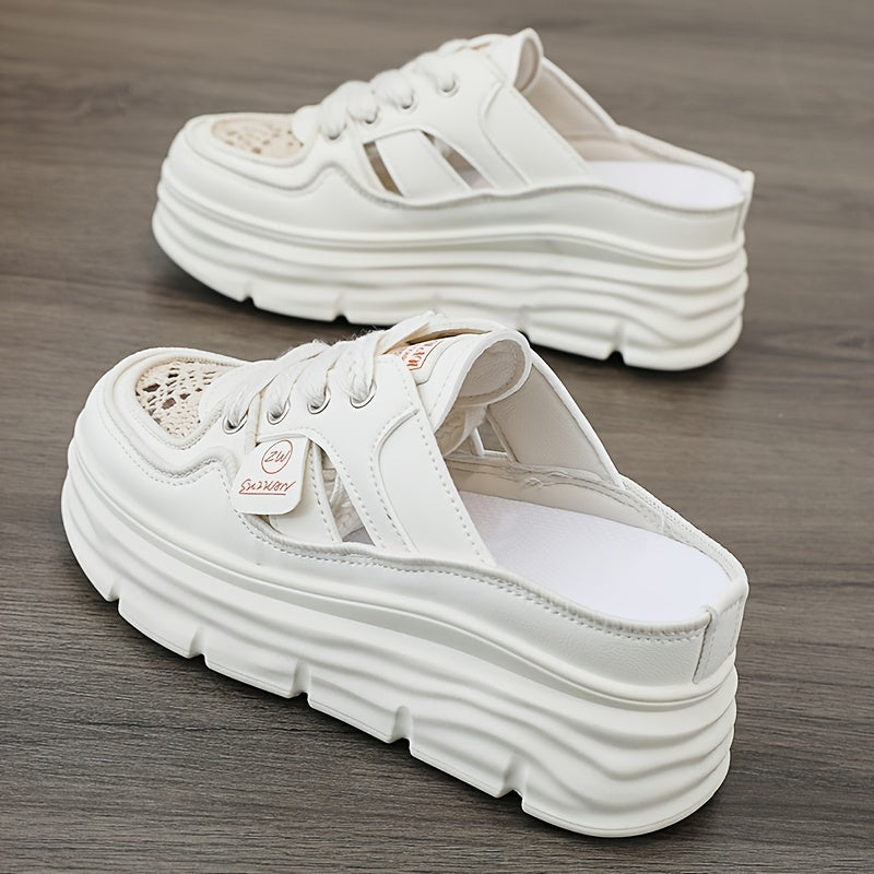 Women's Breathable Platform Mule Sneakers with Cutout Design and Lace-Up Closure