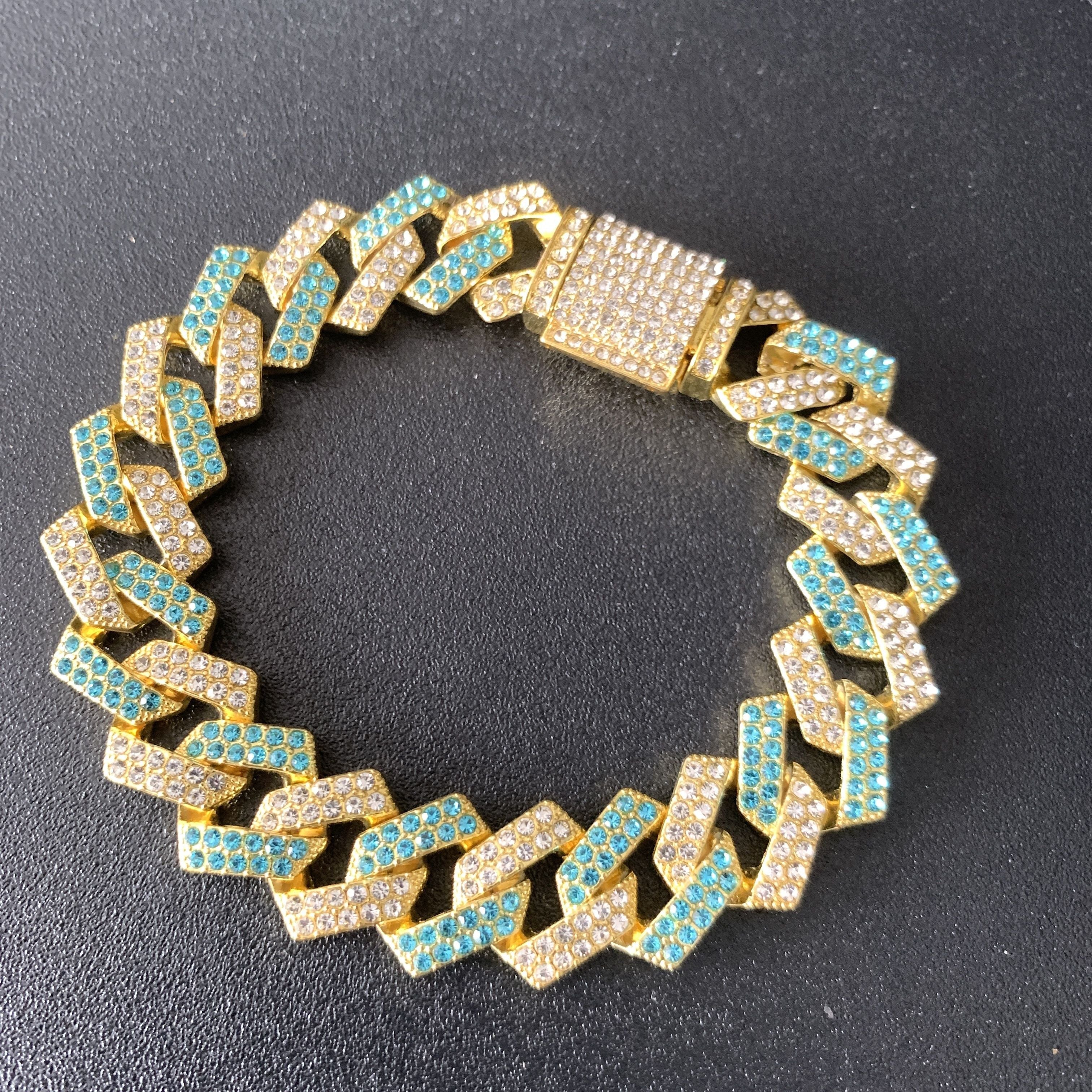 Men's Silver Pink Blue Cuban Link Chain Iced Out Lab Faux Diamonds Miami Necklace Choker