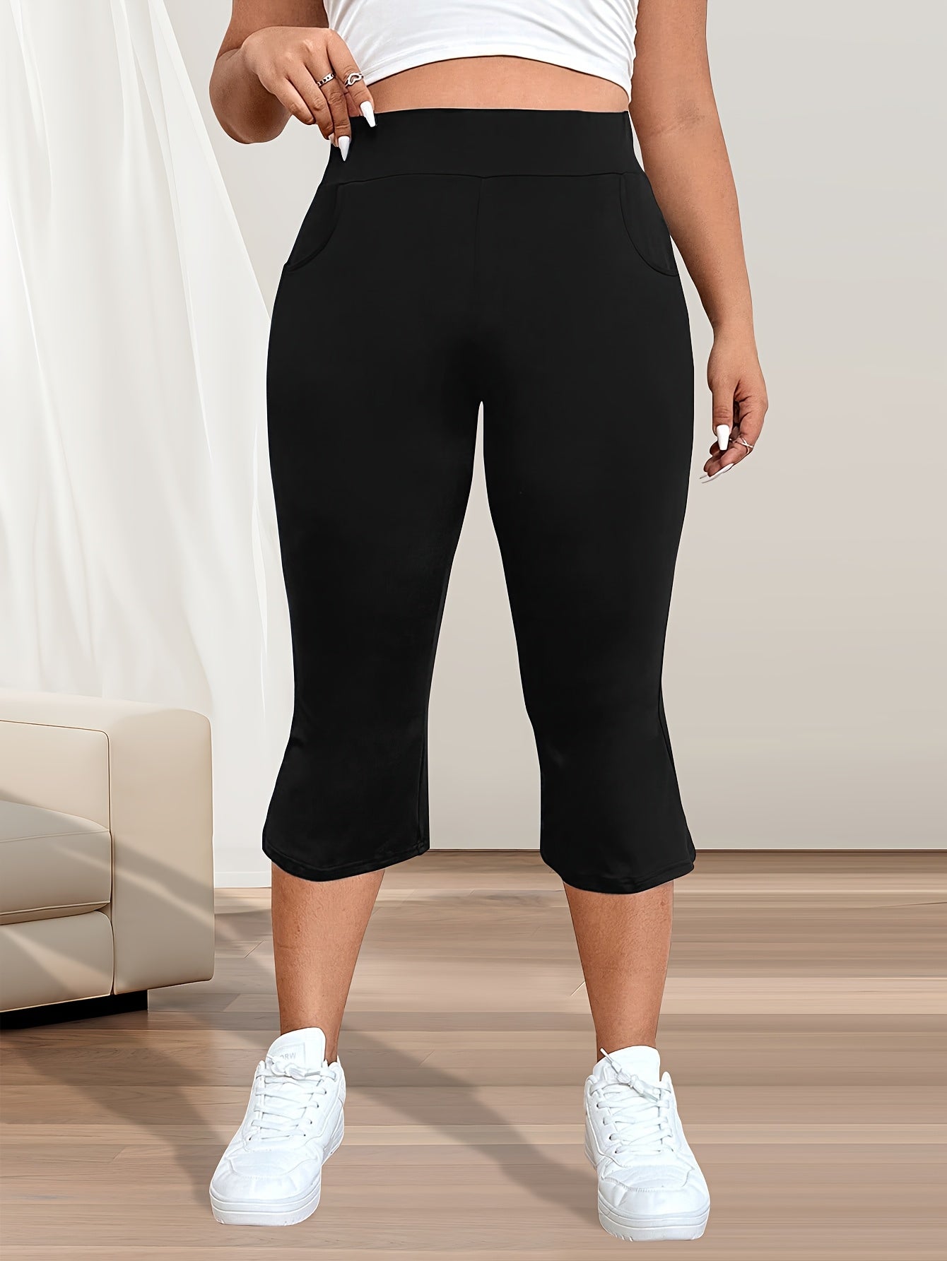 Women Plus Size High-Waist Flare Pants Stretch Fabric Pockets Blue 7/8