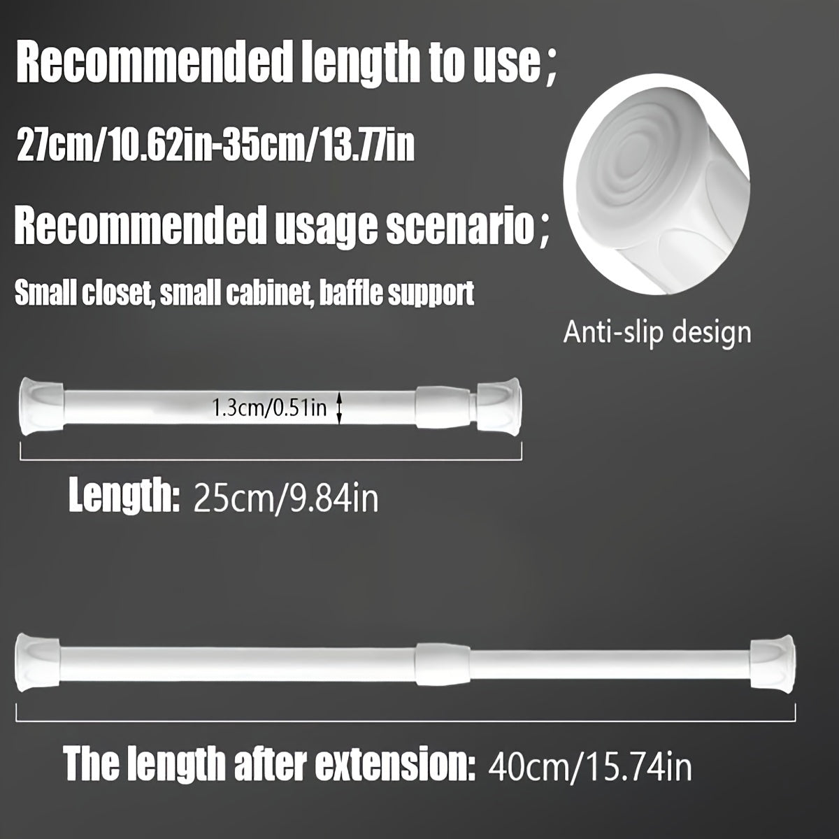 Kuchli prujinali teleskopik tayoq, o'rnatish oson, turli foydalanishlar uchun mos, masalan, dush pardasi, shkafni qo'llab-quvvatlash, sochiq tayoq.
