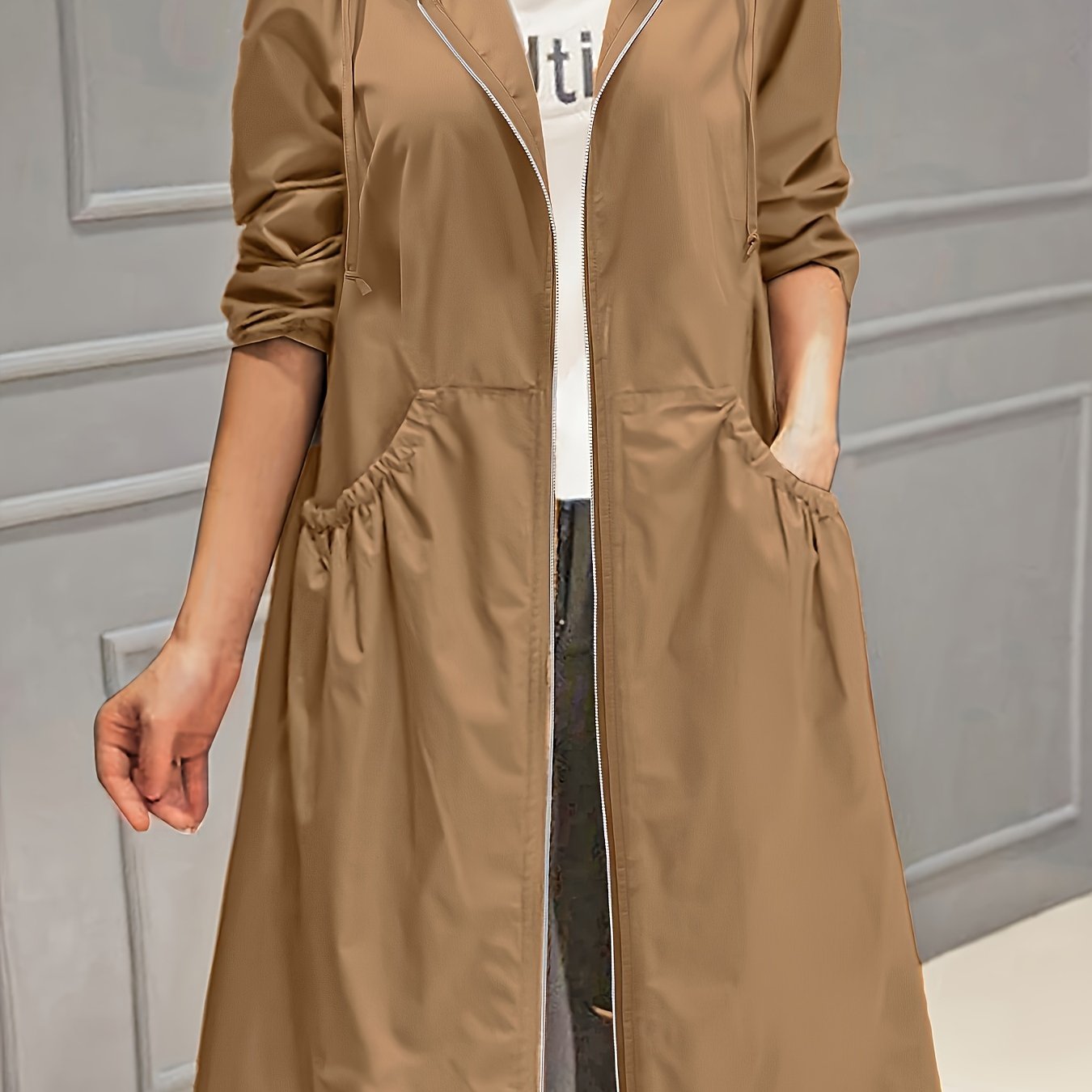 Plus Size Polyester Trench Coat with Zipper Hood and Pockets for Women