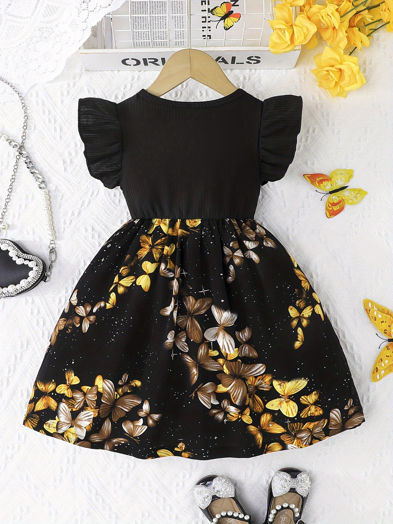 Girls A-Line Midi Dress with Floral Print Ruffle Sleeves and Bow Detail for Spring Fall Outdoor Activities