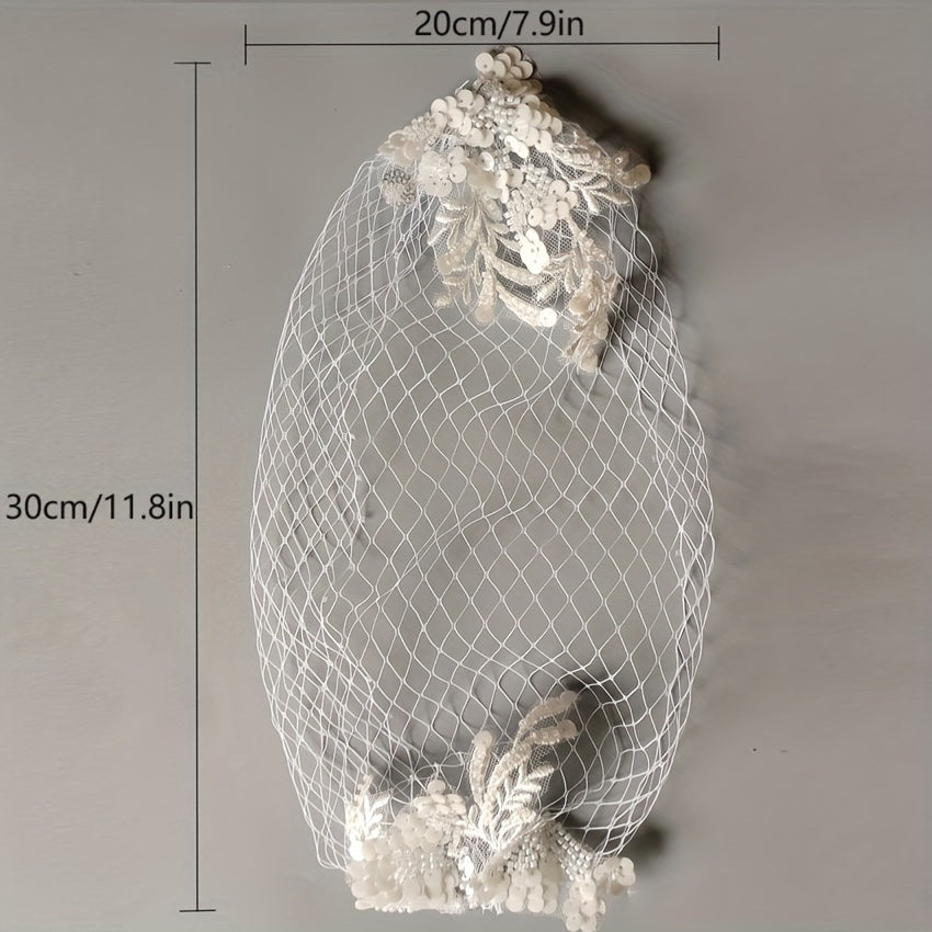 Vintage Lace Veil with Hand-Sewn Grid Design for Weddings and Photoshoots
