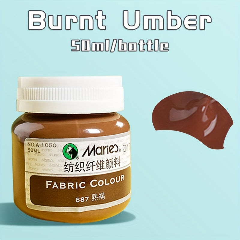 1 shisha Marie's Fabric Paint, 50ml - doimiy kiyim bo'yash uchun 12 rang mavjud. O'rta cho'tka kiritilgan. San'atkorlar va hunarmandlar uchun ideal. T-shirtlar, poyabzallar, jinsilar uchun mos.