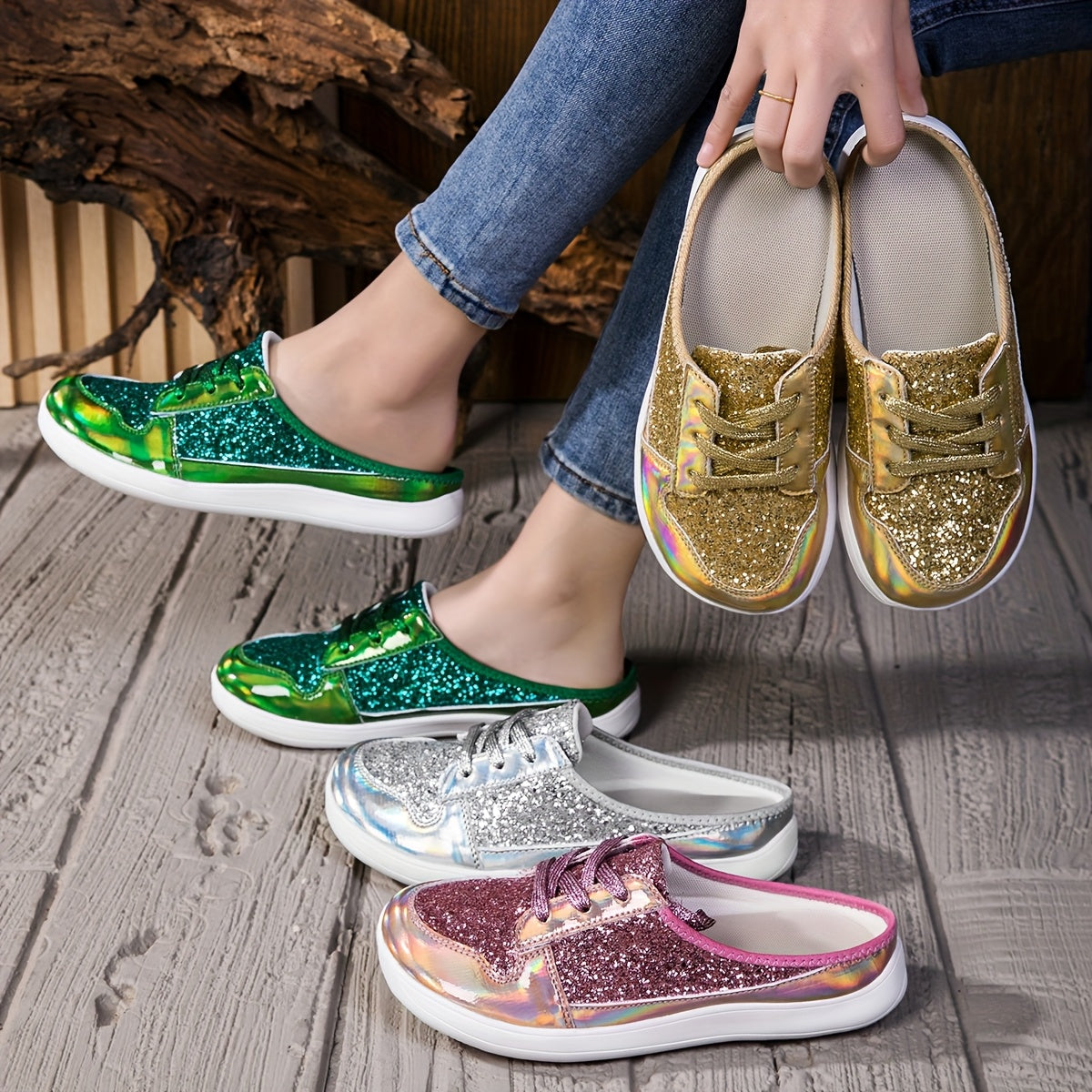 Women's Glitter Sequin Embellished Synthetic Cover Mules Breathable Summer Beach Shoes