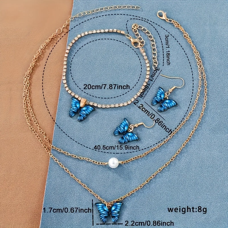 Set of 5 Blue Quartz Watches with Leather Strap Zinc Alloy Dial and Butterfly Jewelry