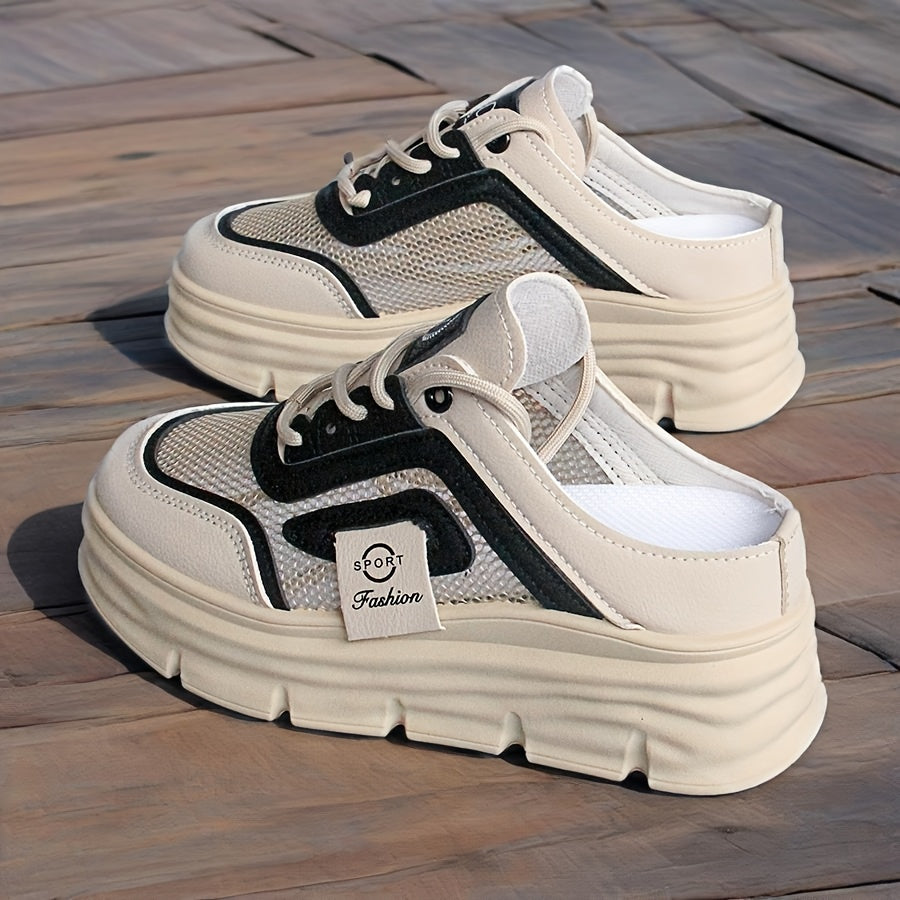 Women'S Casual Sneakers with Thick Platform Sole White Black Breathable Fabric