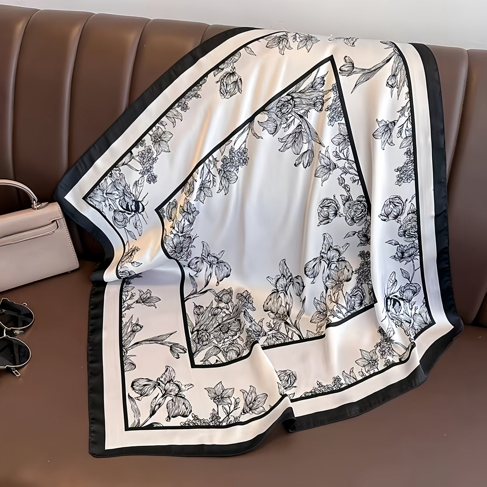 Square Satin Silk Scarf 70cm Monochrome Landscape Print Hair Bandana Neck Wrap