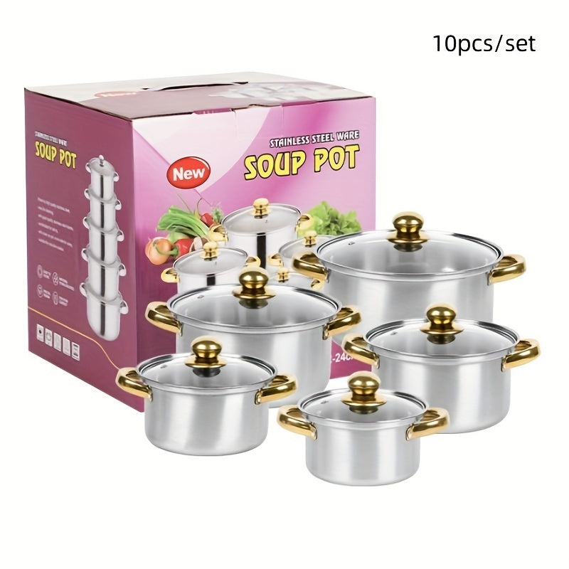 Stainless Steel Cookware Set of 10 with Glass Lids Double Handles Induction Compatible