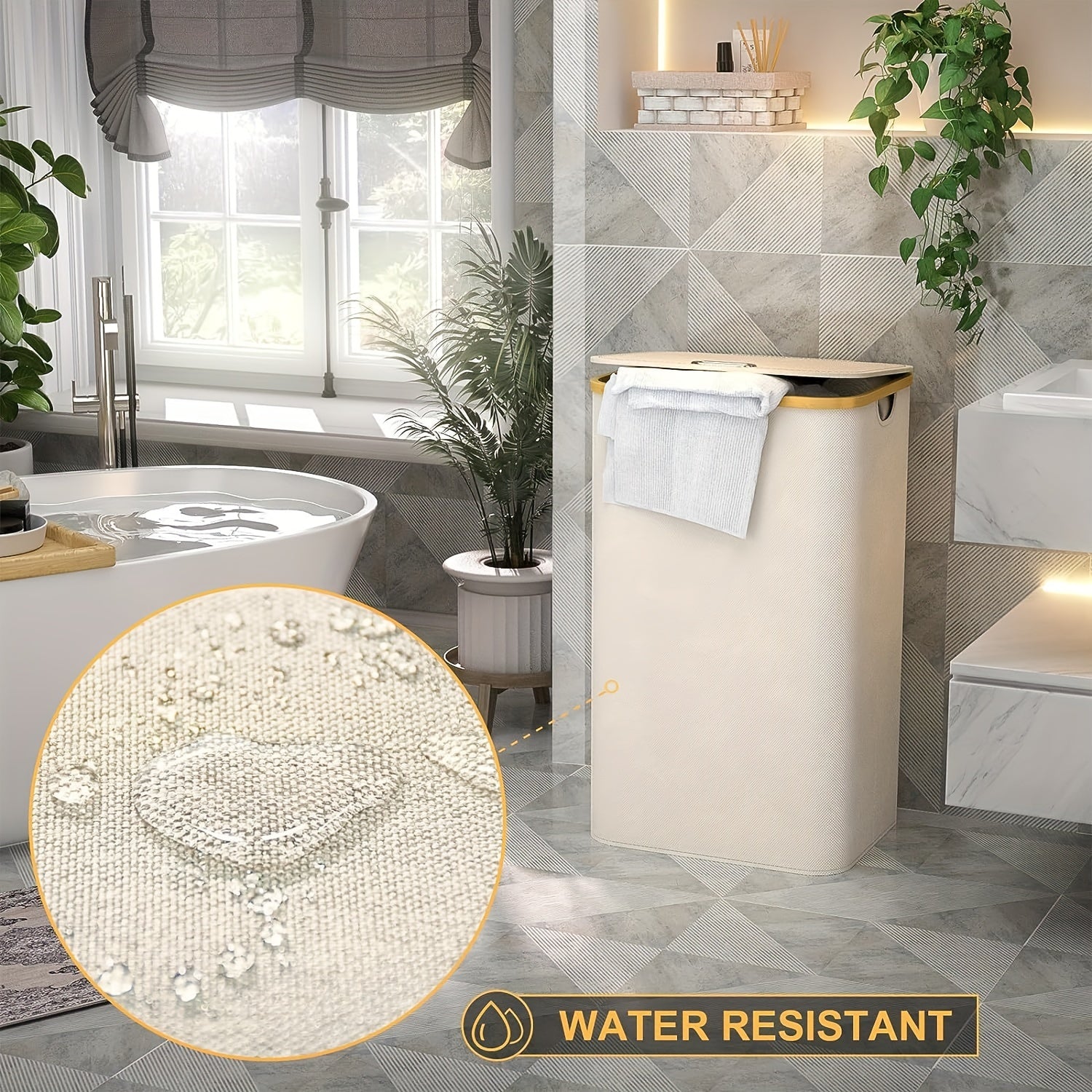 100L Tall Laundry Basket with Lid Bamboo Handles Waterproof Collapsible Storage Bin Cream White