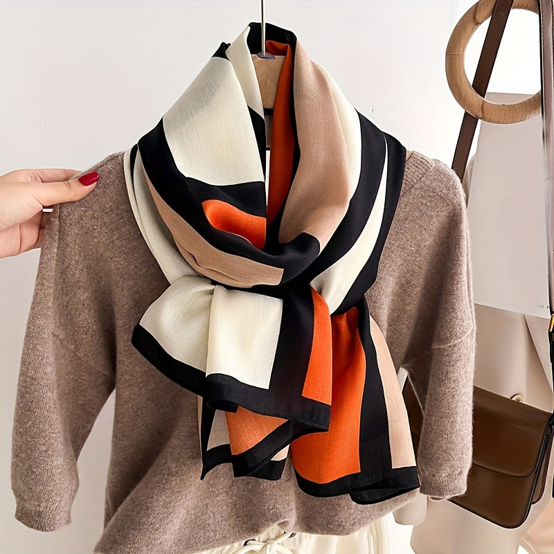Geometric Pattern Color Block Scarf for Women Lightweight Breathable Polyester Shawl for Spring Summer Sun Protection