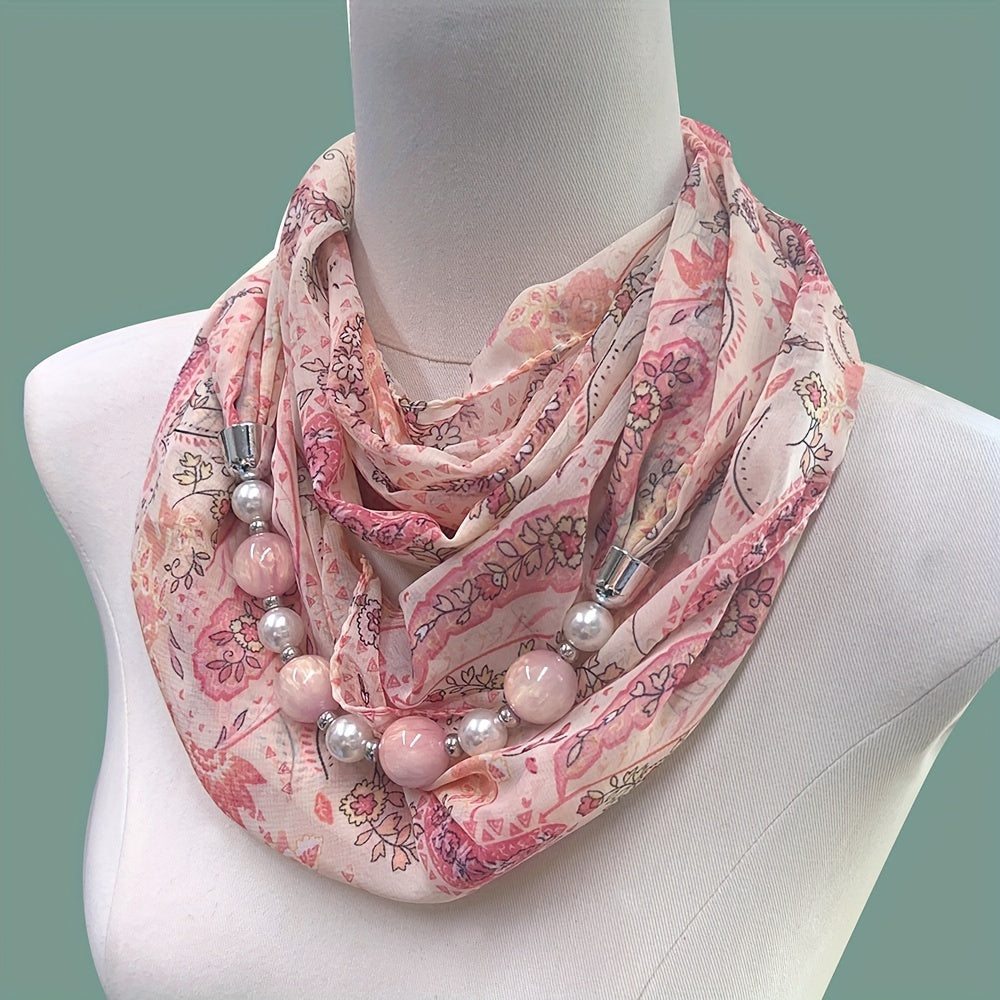 Beaded Necklace Scarf Women’s Chiffon Imitation Ceramic Beads Infinity Accessory