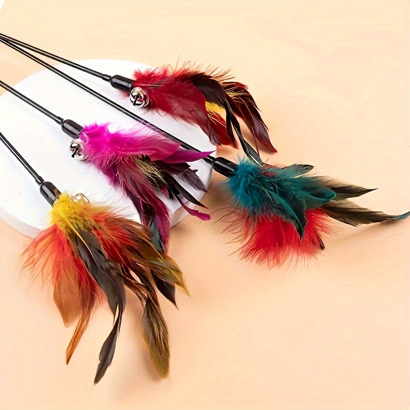 Juguete para gatos 6 campanas pluma mango de plástico teaser resistente a mordiscos para gatos