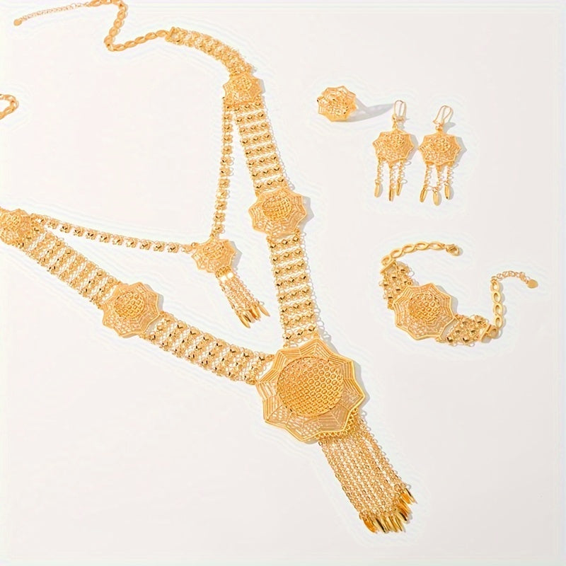 Copper Gold-Plated Jewelry Set with Necklace Earrings Bracelet and Ring for Weddings Festivals and Daily Wear