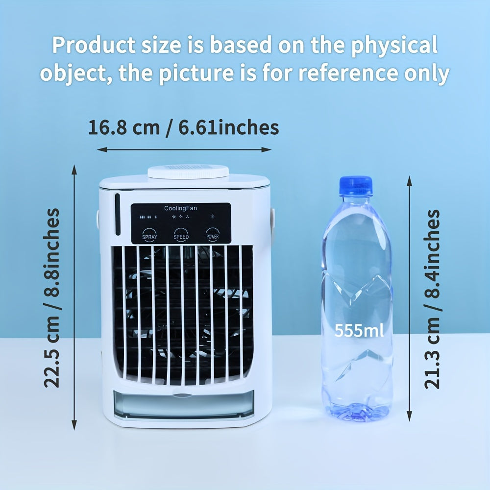 Portativ USB 4-in-1 raqamli havo sovutgich fanati, 3 shamol tezligi, mini bug'lantiruvchi va ultratovush atomizatori bilan yotoqxona, ofis va ochiq havoda foydalanish uchun.