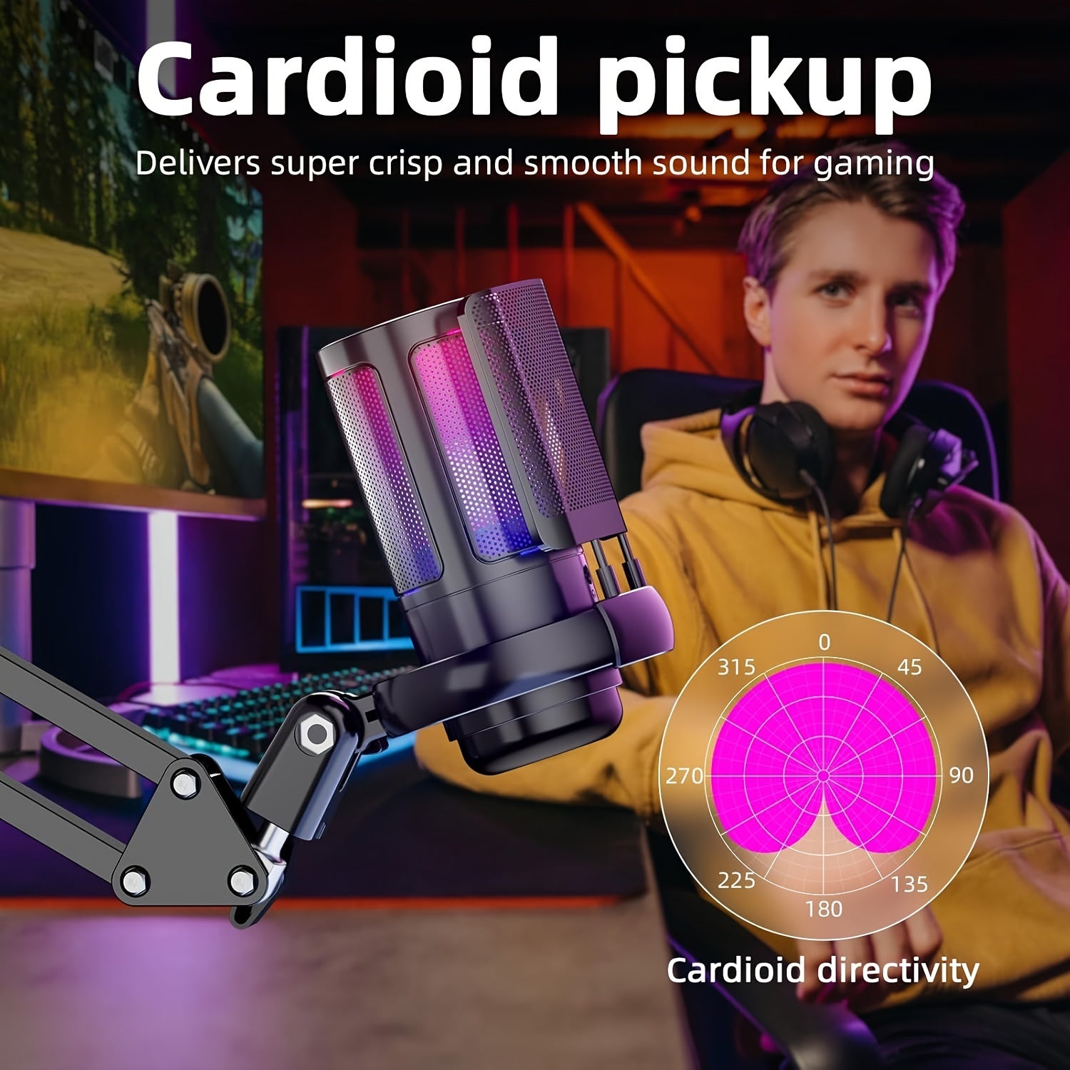 Micrófono de condensador USB con LED de 7 colores RGB con conector para auriculares para juegos, canto, karaoke y transmisión