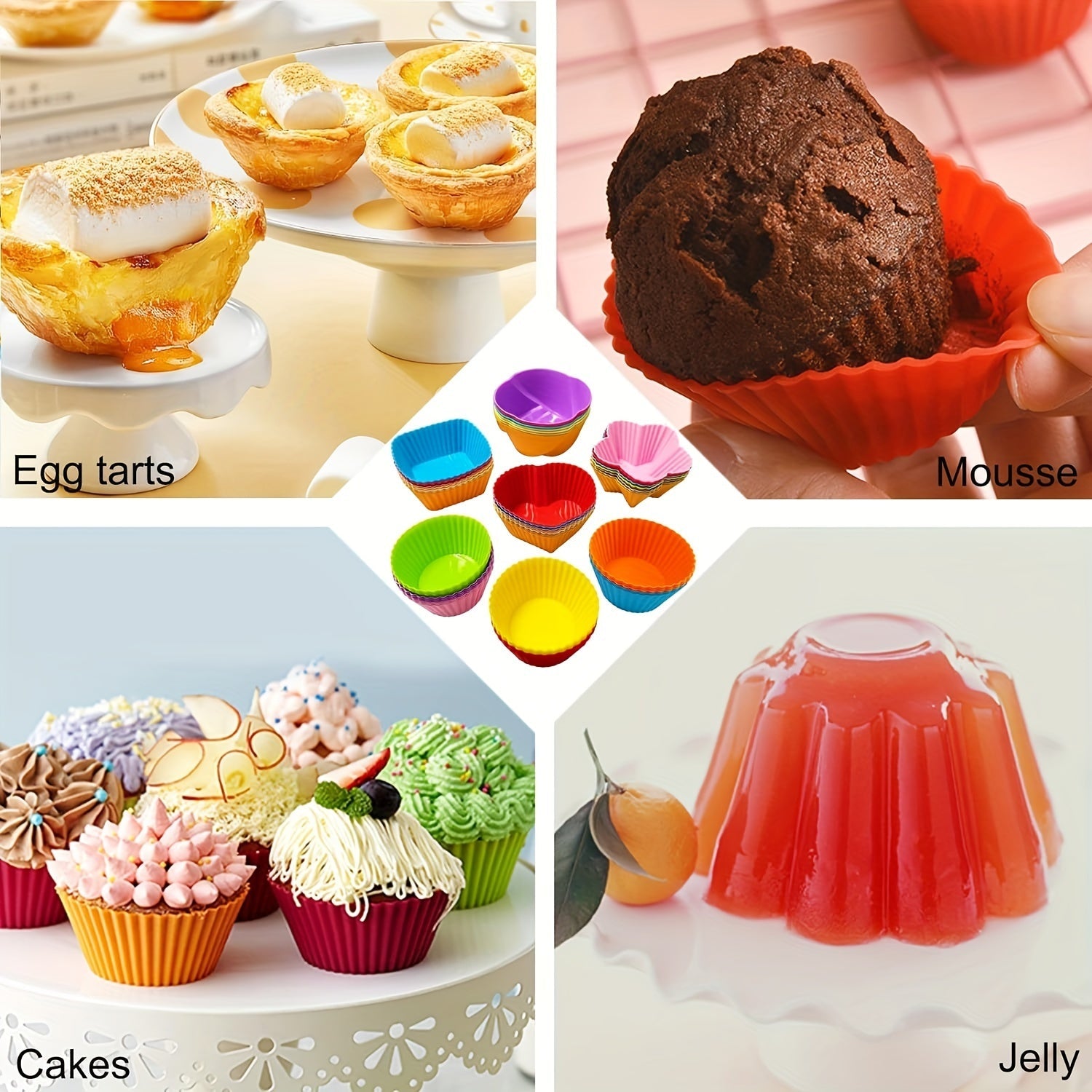 Set of 24 Silicone Cupcake Liners Nonstick Baking Cups in 4 Shapes Round Star Heart Flower