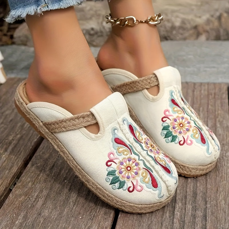 Women Floral Embroidered Fabric Slides Woven Espadrille Slip-On Sandals