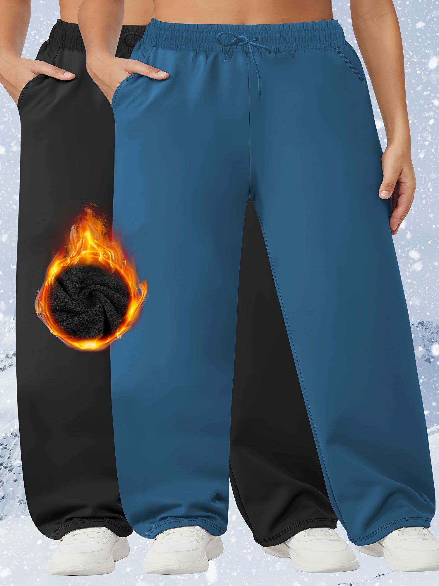 Plus Size Fleece-Lined Sweatpants for Women Solid Color Warm Activewear