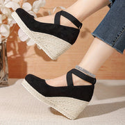 Women's Black Wedge Heel Shoes - Comfortable Fabric Vamp, Elastic Cross Straps