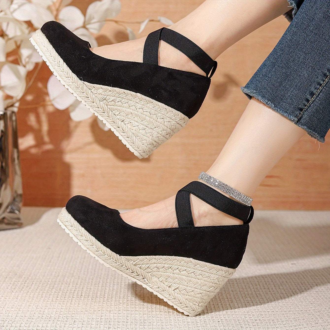 Women's Black Wedge Heel Shoes - Comfortable Fabric Vamp, Elastic Cross Straps