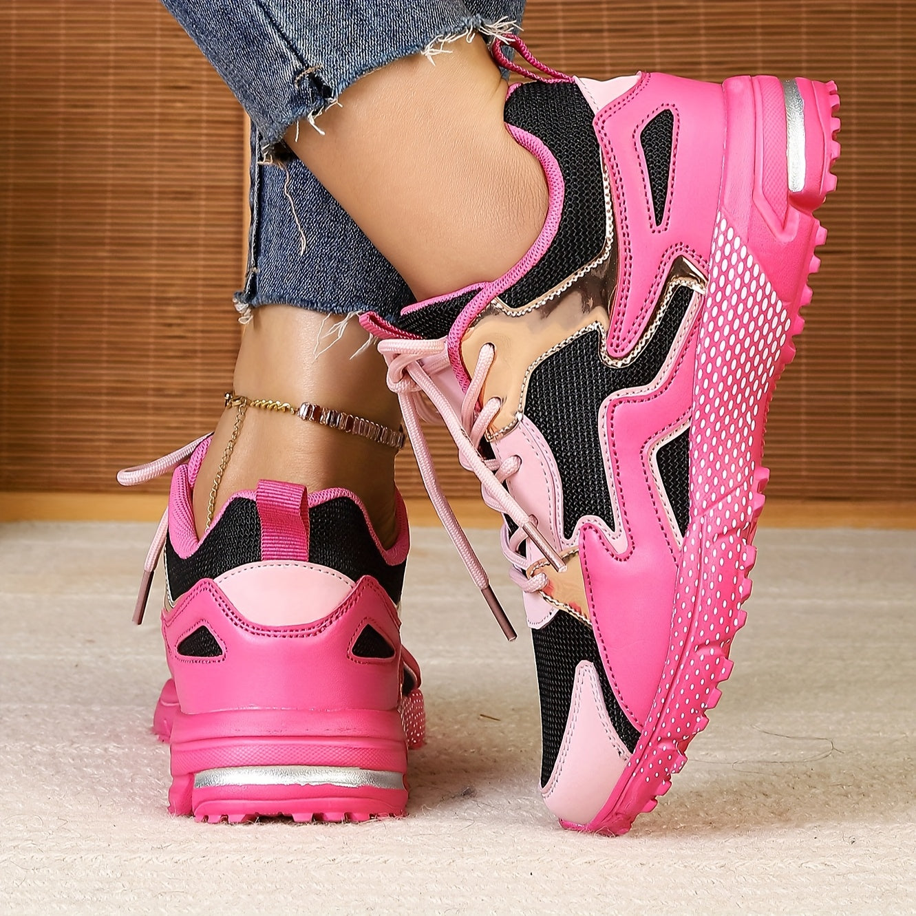 Women's Geometric Pattern Casual Sneakers Sequin Accents Pink Black Low-Top Shoes